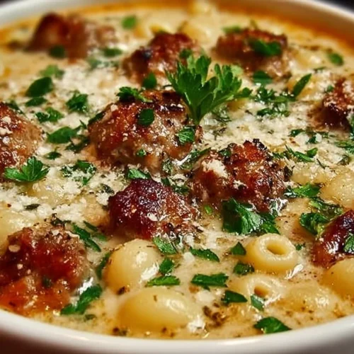 Creamy Parmesan Italian sausage ditalini soup in a bowl with parsley garnish