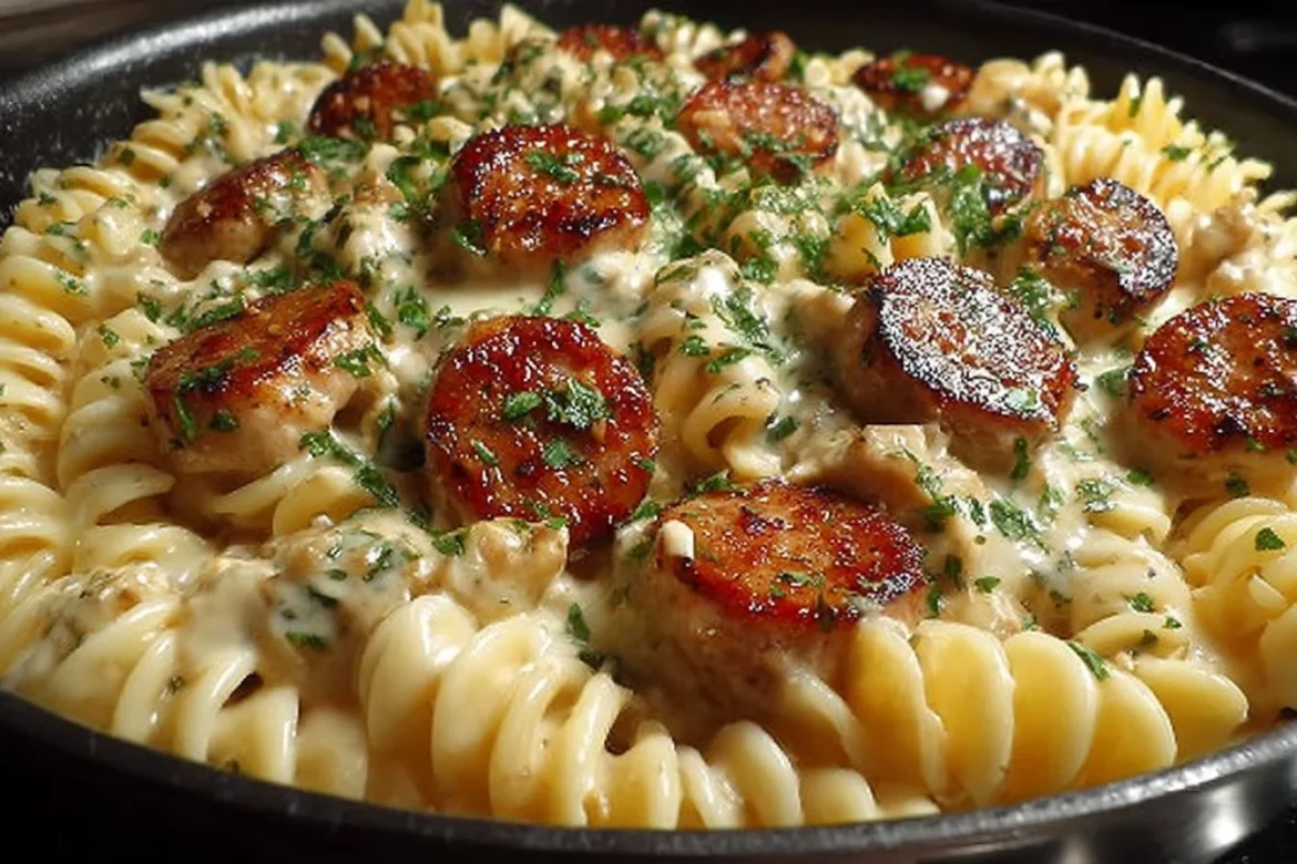 Creamy Pepper Jack Chicken & Sausage Pasta dish garnished and ready to serve