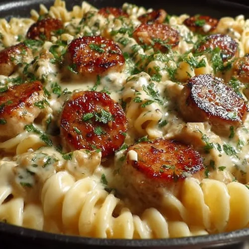 Creamy Pepper Jack Chicken & Sausage Pasta dish garnished and ready to serve