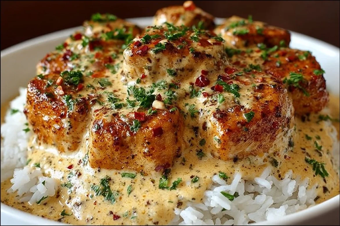 Creamy Smothered Chicken served with rice on a white plate