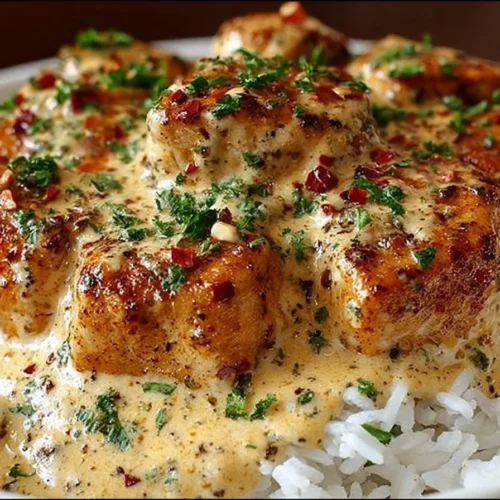 Creamy Smothered Chicken served with rice on a white plate