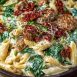Creamy spinach and sun-dried tomato turkey sausage pasta dish