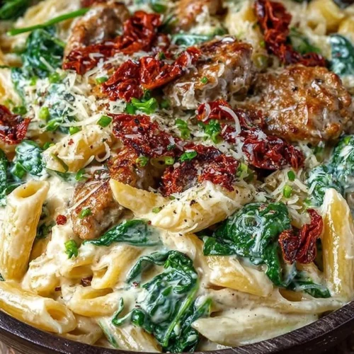 Creamy spinach and sun-dried tomato turkey sausage pasta dish