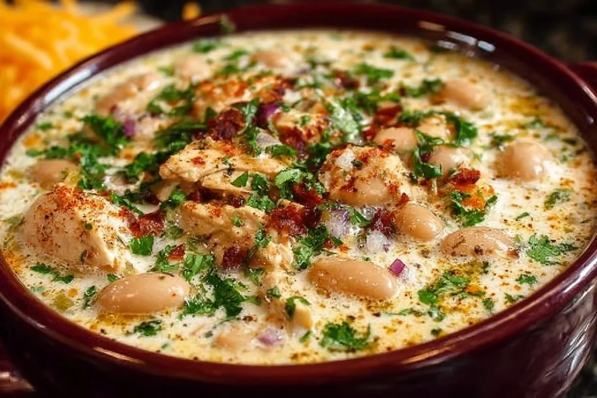 Bowl of creamy white chicken chili topped with cilantro and avocado