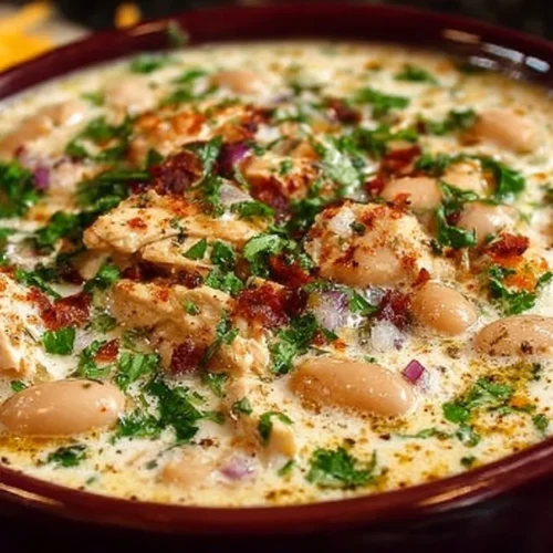 Bowl of creamy white chicken chili topped with cilantro and avocado