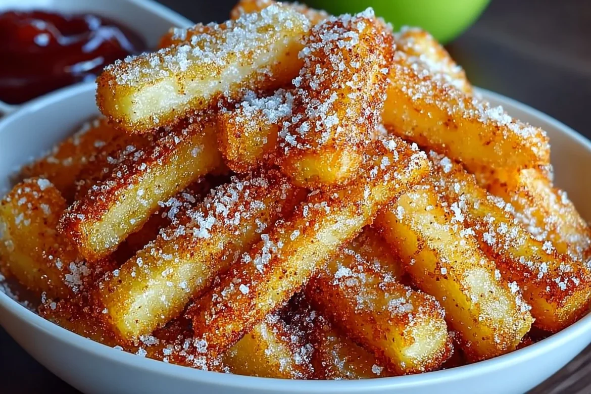 Crispy air fryer apple fries served on a plate