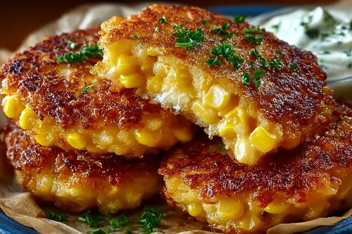 Crispy cheddar corn potato fritters served on a plate