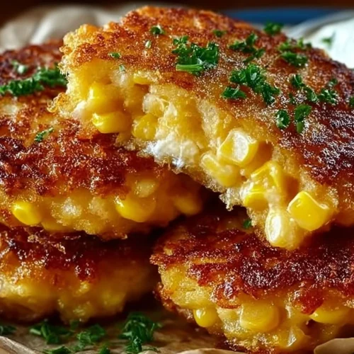 Crispy cheddar corn potato fritters served on a plate