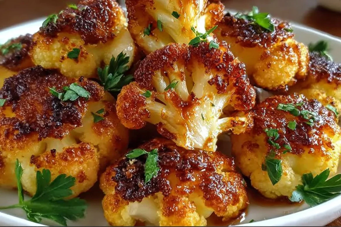Crispy roasted cauliflower on a plate, garnished and ready to serve.