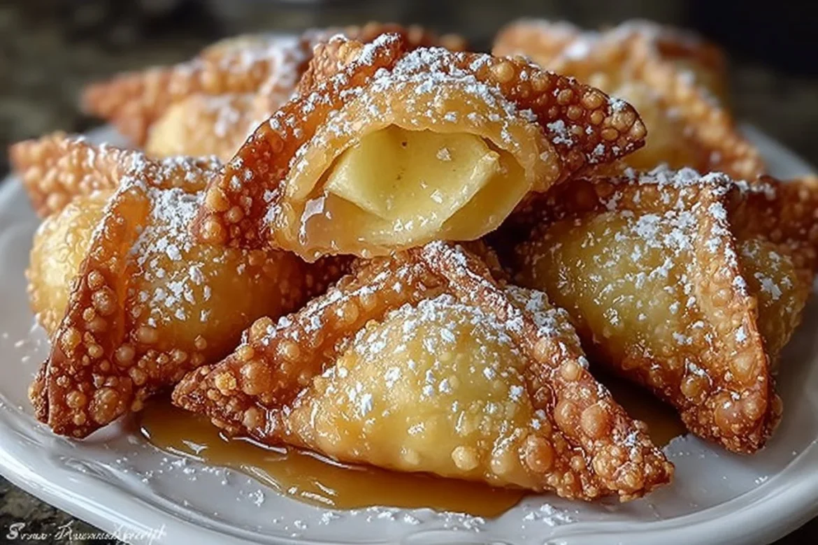 Crispy wonton apple pie bites served on a plate with a cinnamon sprinkle