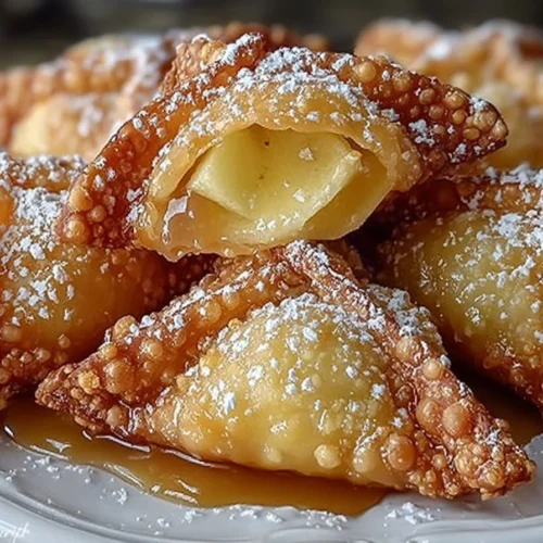Crispy wonton apple pie bites served on a plate with a cinnamon sprinkle