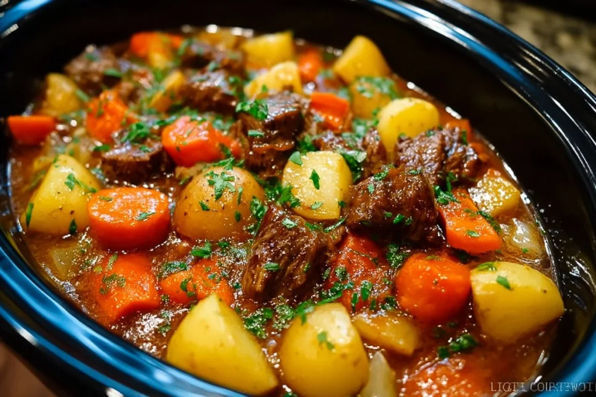 Delicious and hearty crock pot beef stew served in a bowl with vegetables.
