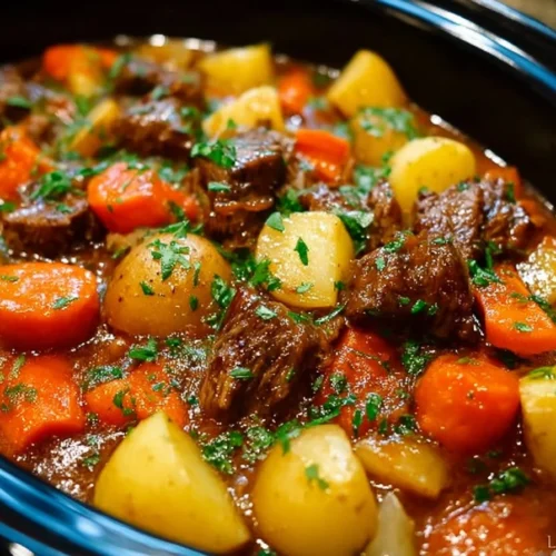 Delicious and hearty crock pot beef stew served in a bowl with vegetables.