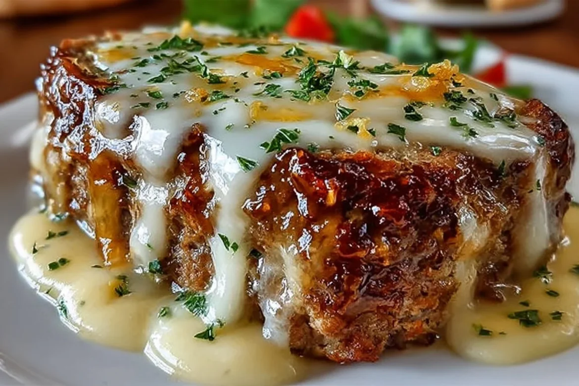 Crockpot Meatloaf with Savory Onion and Swiss Melt cooked to perfection