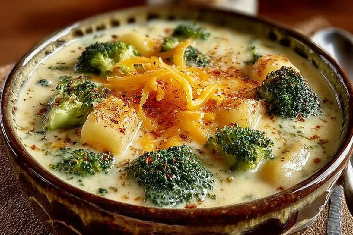 Delicious crockpot potato broccoli cheddar soup in a bowl with cheese on top