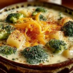 Delicious crockpot potato broccoli cheddar soup in a bowl with cheese on top