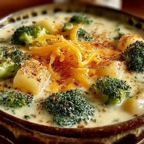 Delicious crockpot potato broccoli cheddar soup in a bowl with cheese on top