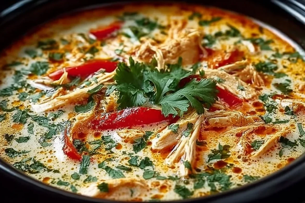 Bowl of Crockpot Thai Coconut Chicken Soup with fresh herbs and ingredients