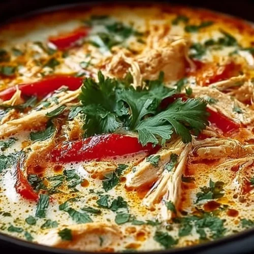 Bowl of Crockpot Thai Coconut Chicken Soup with fresh herbs and ingredients