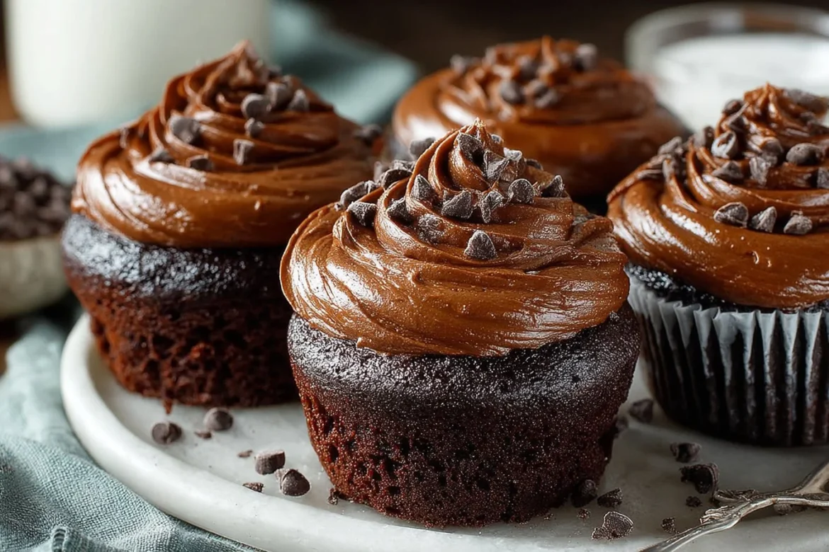 Death by Chocolate Cupcakes topped with rich chocolate frosting