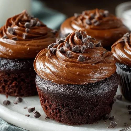 Death by Chocolate Cupcakes topped with rich chocolate frosting
