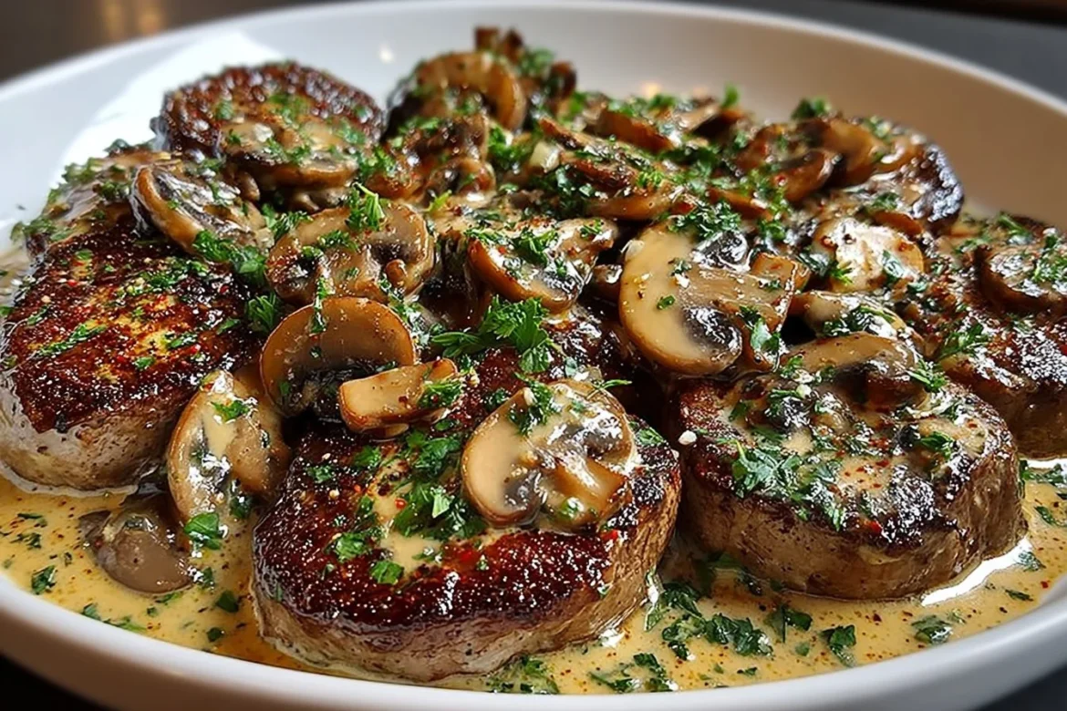 Decadent creamy mushroom sauce drizzled over a juicy steak