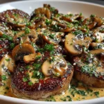 Decadent creamy mushroom sauce drizzled over a juicy steak