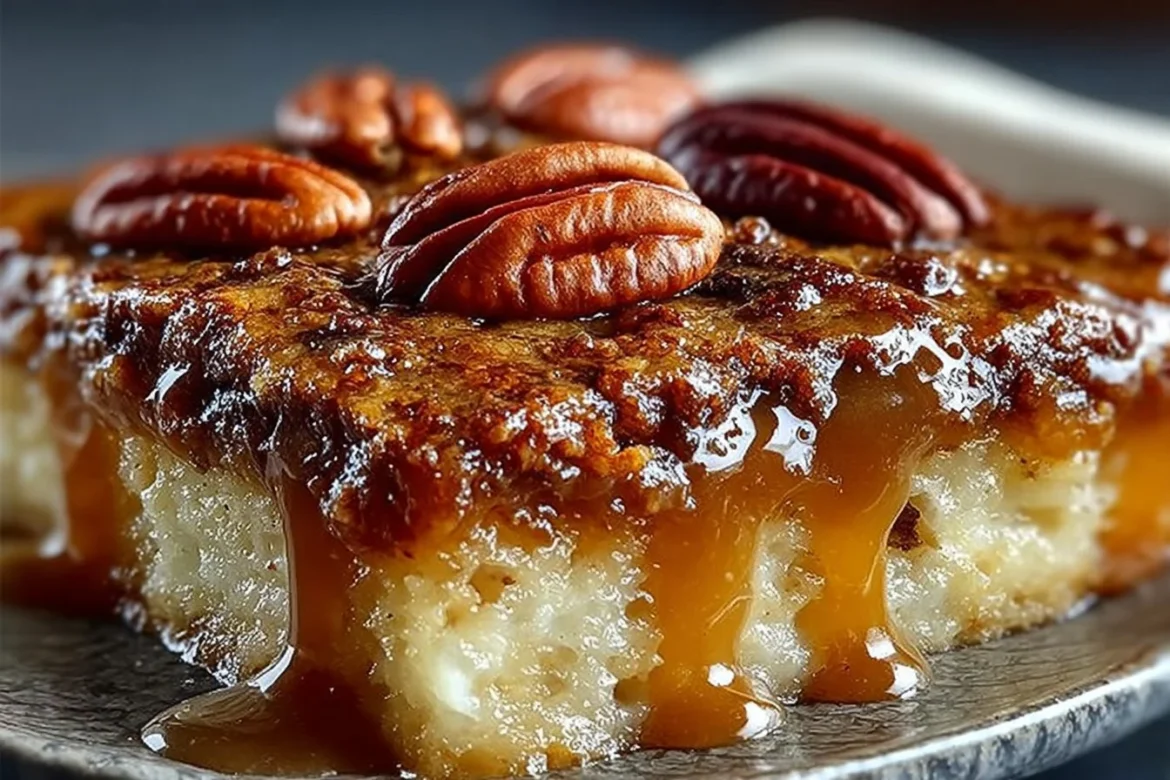 Delicious pecan pie dump cake topped with pecans and served on a plate