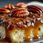 Delicious pecan pie dump cake topped with pecans and served on a plate