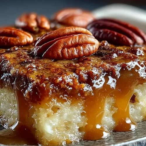 Delicious pecan pie dump cake topped with pecans and served on a plate
