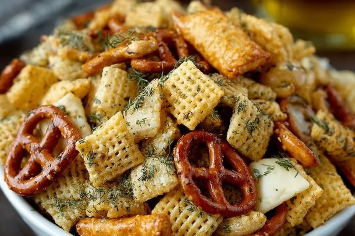 A bowl of Dill Pickle Chex Mix, featuring crunchy cereal, nuts, and pickles.