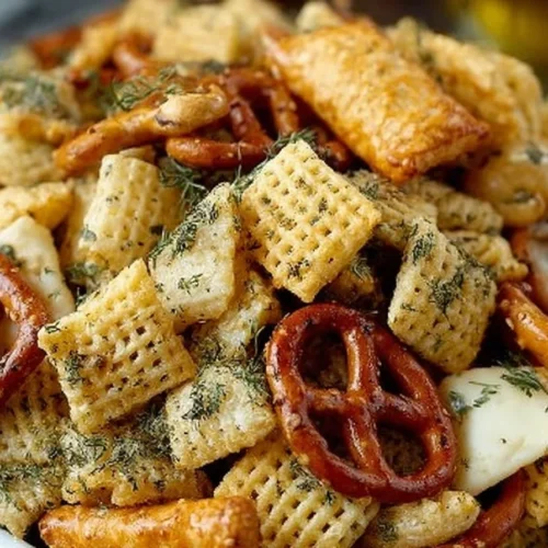 A bowl of Dill Pickle Chex Mix, featuring crunchy cereal, nuts, and pickles.