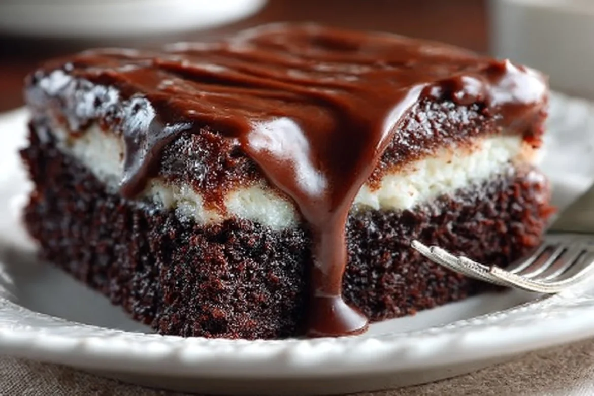 A delicious homemade Ding Dong Cake with chocolate layers and cream filling