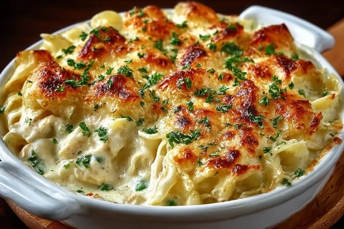 Dolly’s creamy chicken noodle casserole served in a dish with fresh herbs.