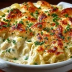 Dolly’s creamy chicken noodle casserole served in a dish with fresh herbs.