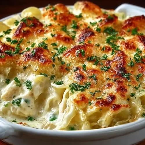 Dolly’s creamy chicken noodle casserole served in a dish with fresh herbs.