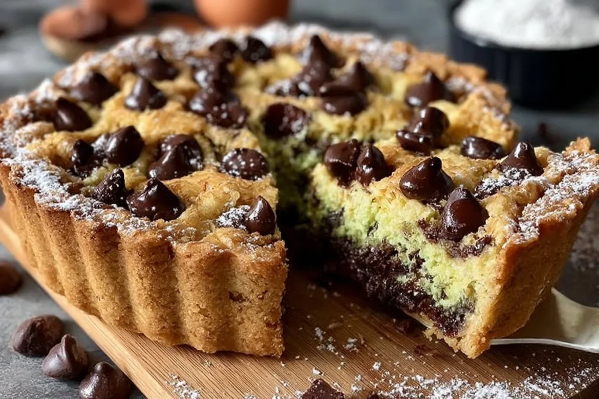 Delicious Dubai Style Chocolate Cookie Pie ready to serve with chocolate drizzle.