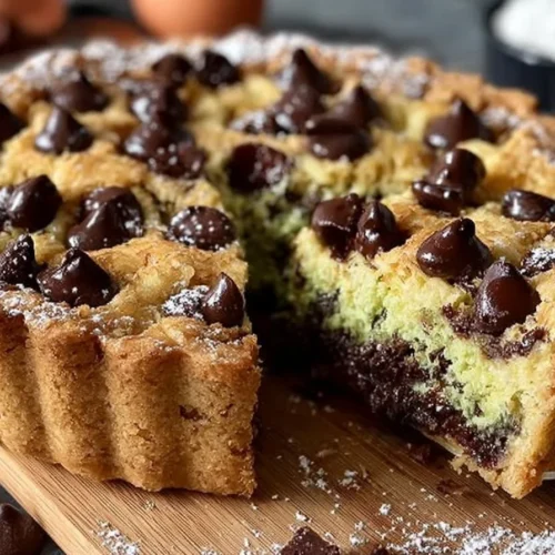 Delicious Dubai Style Chocolate Cookie Pie ready to serve with chocolate drizzle.
