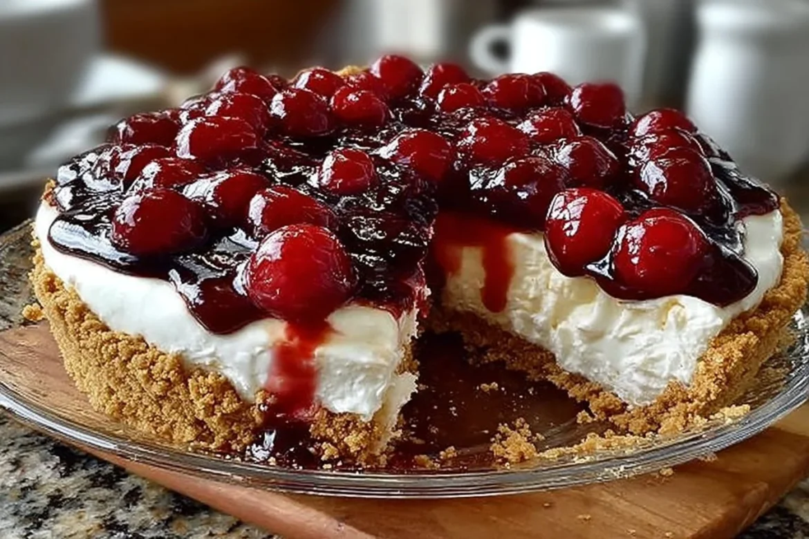 Easiest no-bake cherry cheesecake topped with fresh cherry filling