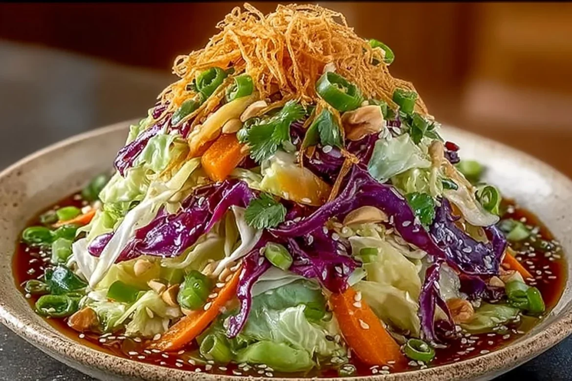 Bowl of crunchy Asian cabbage slaw drizzled with sesame dressing