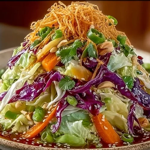 Bowl of crunchy Asian cabbage slaw drizzled with sesame dressing
