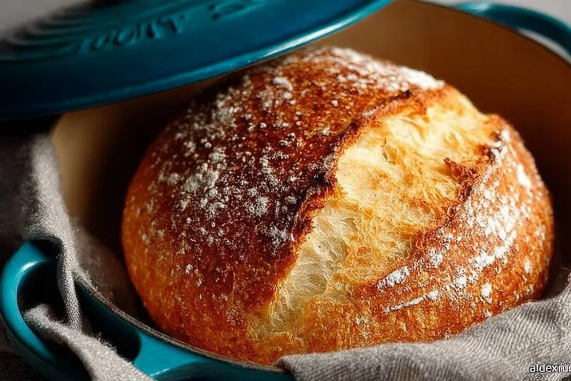 Freshly baked easy no knead bread in a Dutch oven on a wooden table