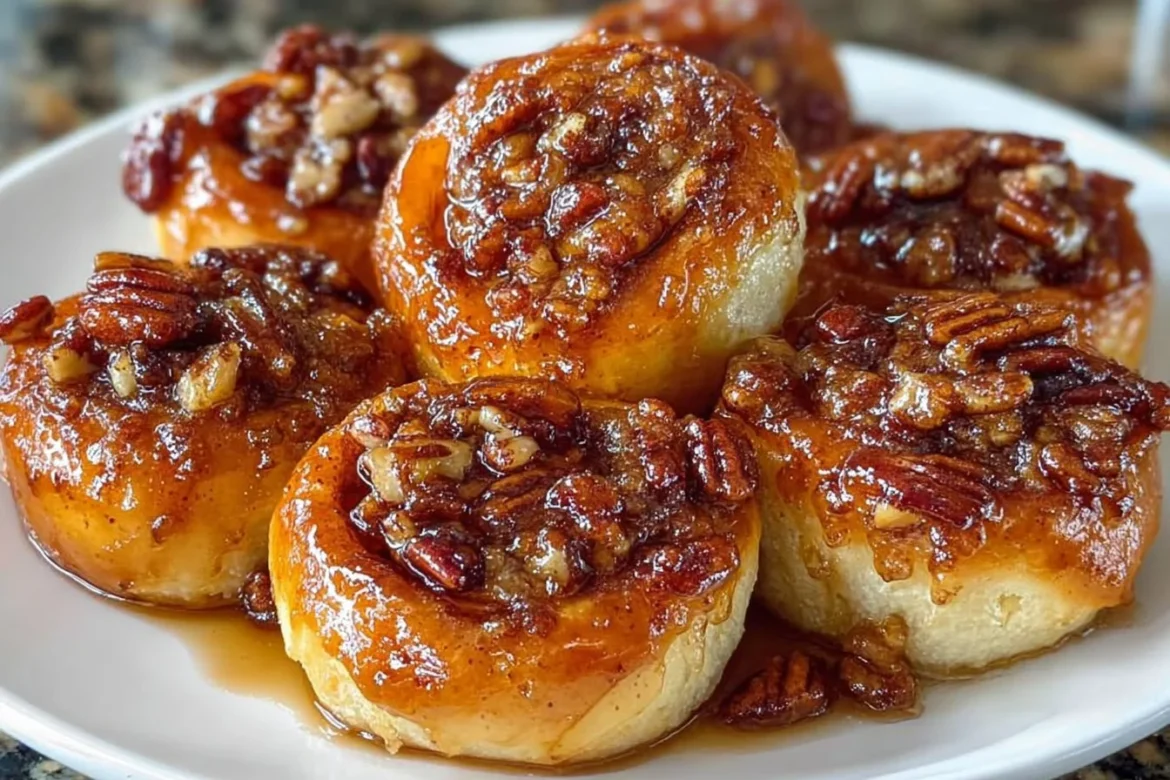Delicious easy pecan sticky buns drizzled with caramel and topped with pecans.