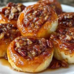 Delicious easy pecan sticky buns drizzled with caramel and topped with pecans.