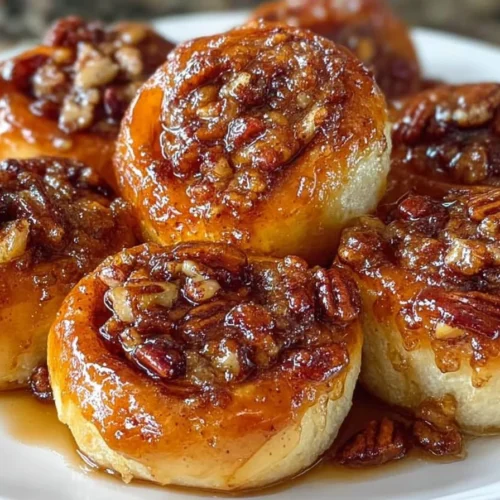 Delicious easy pecan sticky buns drizzled with caramel and topped with pecans.