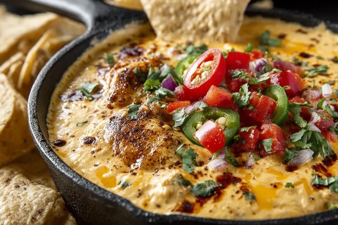 Delicious fajita cheese dip served in a bowl with tortilla chips