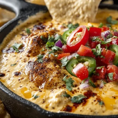 Delicious fajita cheese dip served in a bowl with tortilla chips