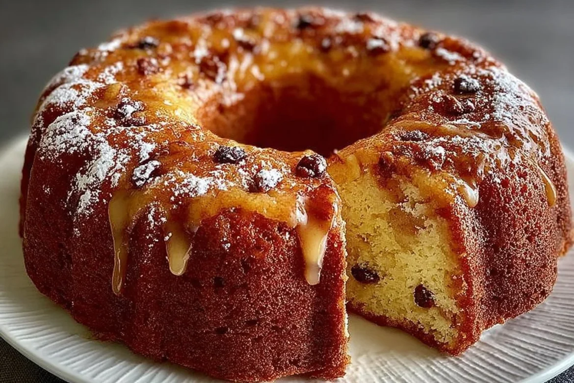 Freshly baked apple bundt cake with slices and apple garnishes on a wooden table.