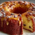 Freshly baked apple bundt cake with slices and apple garnishes on a wooden table.