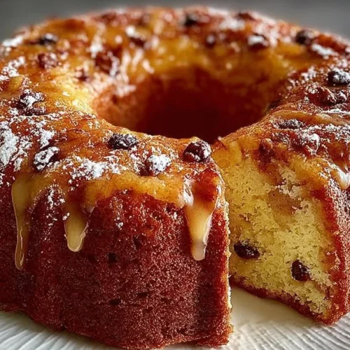Freshly baked apple bundt cake with slices and apple garnishes on a wooden table.